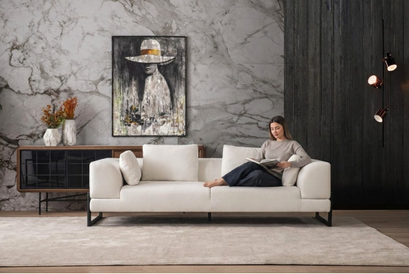 Sofa trzyosobowa 3 miejsce do siedzenia sofa tapicerowana Biały Materiał sofa materiałowa Sofy drewniane