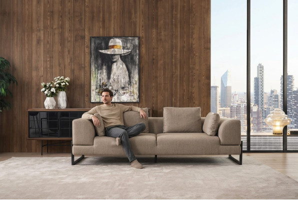 Sofa trzyosobowa 3 miejsce do siedzenia Sofa tapicerowana Szary Materiał Sofa materiałowa Drewno Sofy