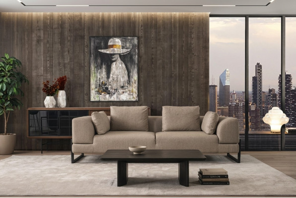 Sofa trzyosobowa 3 miejsce do siedzenia Sofa tapicerowana Szary Materiał Sofa materiałowa Drewno Sofy