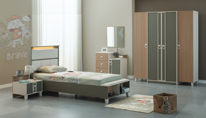 Nowoczesne Kompletne Meble Dziecięce Łóżko Składane Szare Drewno Zestaw 5szt Stolik nocny