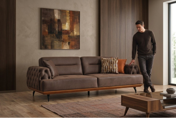 Sofa Tapicerowana Sofa Trzyosobowa 3 Siedziba Kanapa Brązowa Sofa Tkaninowa Materiał Nowoczesny