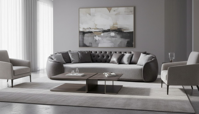 Sofa czteroosobowa Chesterfield 4 miejsce do siedzenia Sofa z szarej tkaniny Sofa tapicerowana z materiału