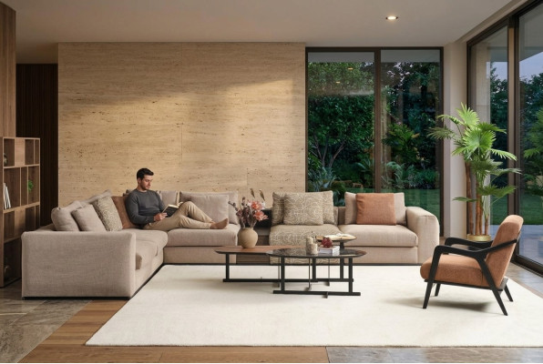 Narożnikowa kanapa L Shape Large Żywy krajobraz Sofa Beżowa Nowoczesna Sofa Tapicerowana
