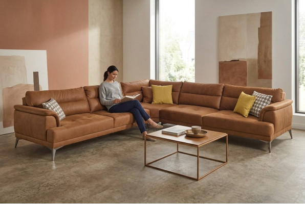 Sofa Tapicerowana Narożnikowa kanapa L Kształt Duża Żywy krajobraz Sofa Brązowa Modern