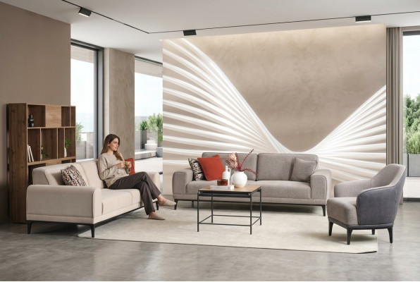 Zestaw sofowy Sofa trzyosobowa jednomiejscowa Fotel Materiał Szara tkanina Sofa Zestaw 3+3+1