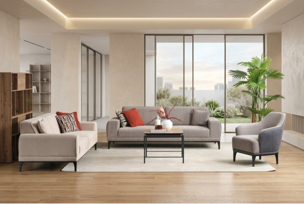 Zestaw sofowy Sofa trzyosobowa jednomiejscowa Fotel Materiał Szara tkanina Sofa Zestaw 3+3+1