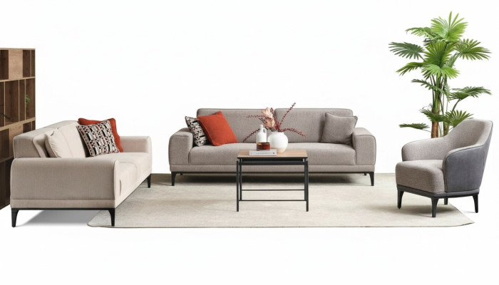Zestaw sofowy Sofa trzyosobowa jednomiejscowa Fotel Materiał Szara tkanina Sofa Zestaw 3+3+1