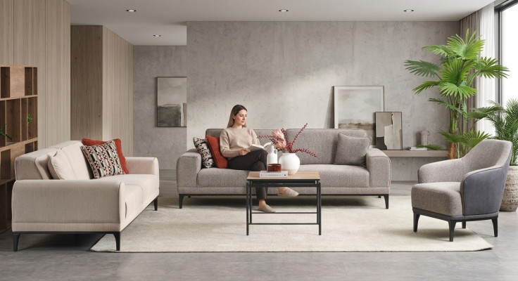 Ustawić Sofę Trzyosobową Dwuosobową Fotel Materiał Szara Tkanina Sofa Zestaw 3+2+1