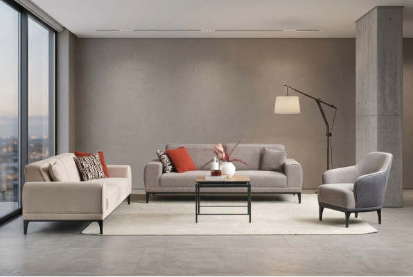 Ustawić Sofę Trzyosobową Dwuosobową Fotel Materiał Szara Tkanina Sofa Zestaw 3+2+1