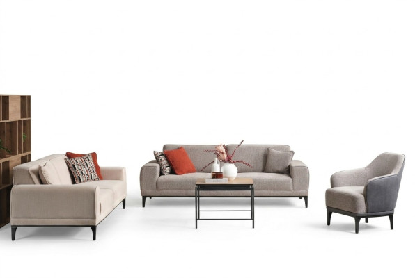 Ustawić Sofę Trzyosobową Dwuosobową Fotel Materiał Szara Tkanina Sofa Zestaw 3+2+1