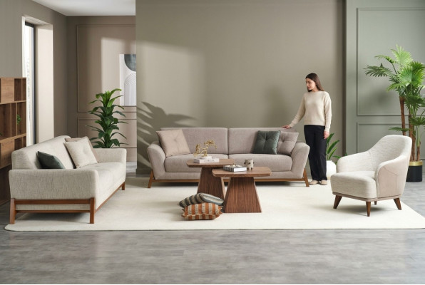 Grupa Couch Sofa Fotel Trzyosobowa Materiał Beżowy Zestaw Sof Tkaninowych 3-częściowy 3+3+1