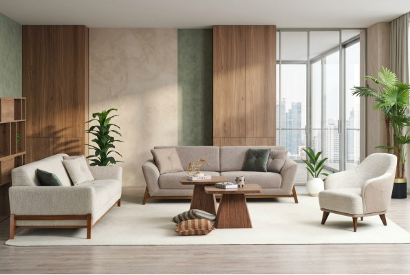 Grupa Couch Sofa Fotel Trzyosobowa Materiał Beżowy Zestaw Sof Tkaninowych 3-częściowy 3+3+1