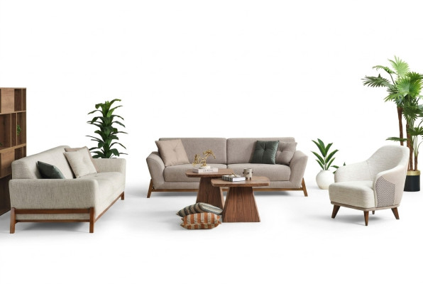 Grupa Couch Sofa Fotel Trzyosobowa Materiał Beżowy Zestaw Sof Tkaninowych 3-częściowy 3+3+1
