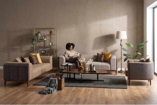 Ustawić Sofę Trzyosobową Fotel Czteroosobową Materiał Sofa Tkaninowa Beżowa Zestaw 4+3+1
