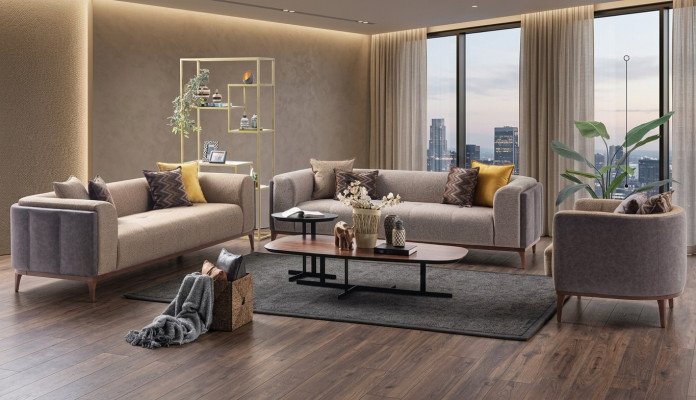 Ustawić Sofę Trzyosobową Fotel Czteroosobową Materiał Sofa Tkaninowa Beżowa Zestaw 4+3+1