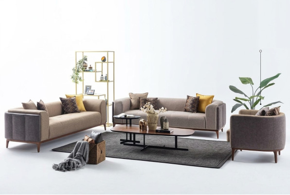 Ustawić Sofę Trzyosobową Fotel Czteroosobową Materiał Sofa Tkaninowa Beżowa Zestaw 4+3+1