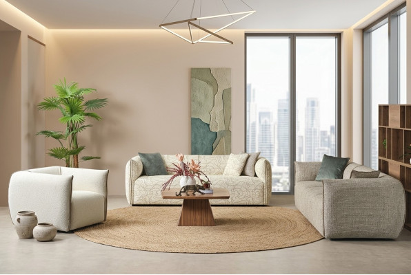 Zestaw wypoczynkowy trzyosobowy Fotel Sofa Materiał Sofa materiałowa beżowa czteroosobowa 4+3+1