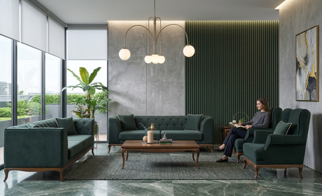 Zestaw sofowy trzyosobowa sofa materiałowa sofa zielona tapicerowana sofa dwuosobowa