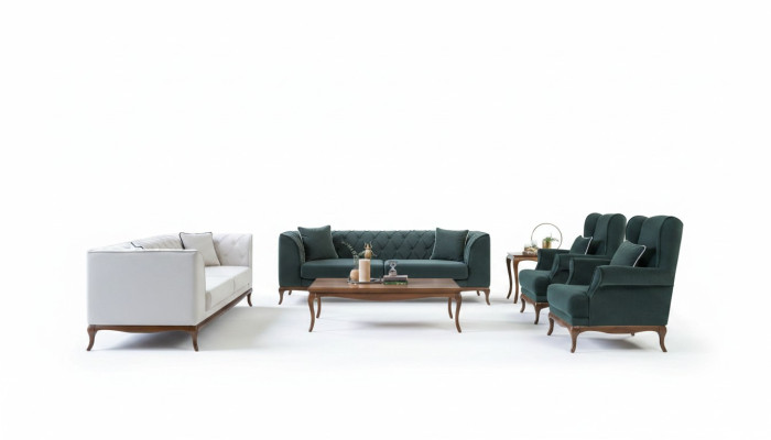 Zestaw sofowy trzyosobowa sofa materiałowa sofa zielona tapicerowana sofa dwuosobowa