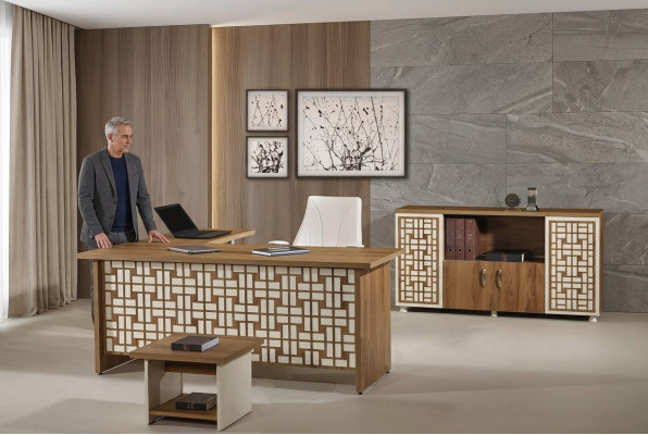 Grupa office narożnik biurowy stół biurowy szafa 3-częściowy Drewno brązowy
