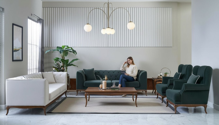Zestaw sofowy trzyosobowy Fotel dwuosobowa sofa materiałowa zielone sofy tapicerowane