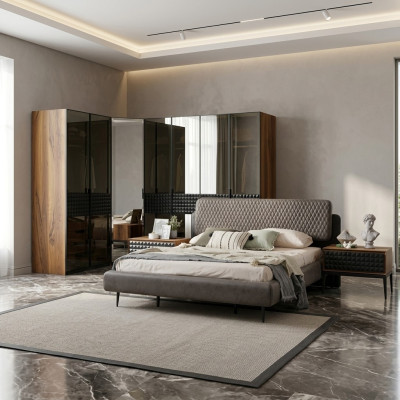 Łóżko Design Sypialnia Podwójne łóżko Rama łóżka Brown Drewno zestaw 4 sztuki