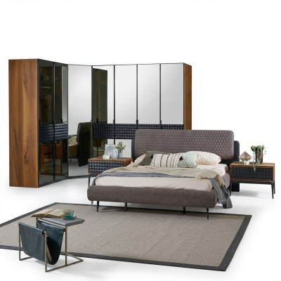Łóżko Design Sypialnia Podwójne łóżko Rama łóżka Brown Drewno zestaw 4 sztuki