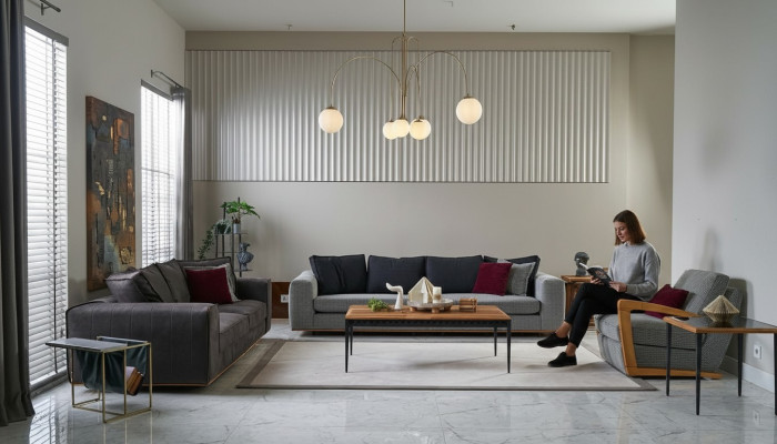 Zestaw kanapowy kompletna sofa materiałowa sofa tapicerowana szara komplet 3 sztuki nowa