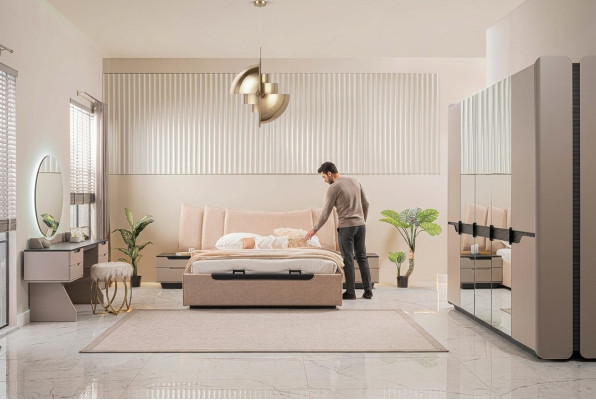 Podwójne łóżko Kompletne łóżko Sypialnia Modern Beige Zestaw 6szt Szafa