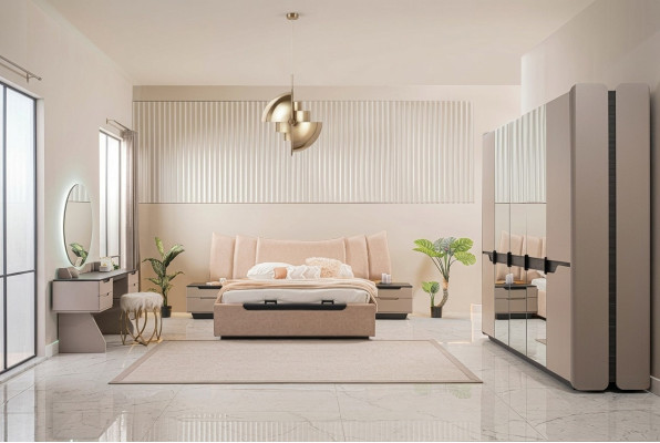 Podwójne łóżko Kompletne łóżko Sypialnia Modern Beige Zestaw 6szt Szafa