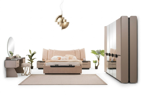 Podwójne łóżko Kompletne łóżko Sypialnia Modern Beige Zestaw 6szt Szafa
