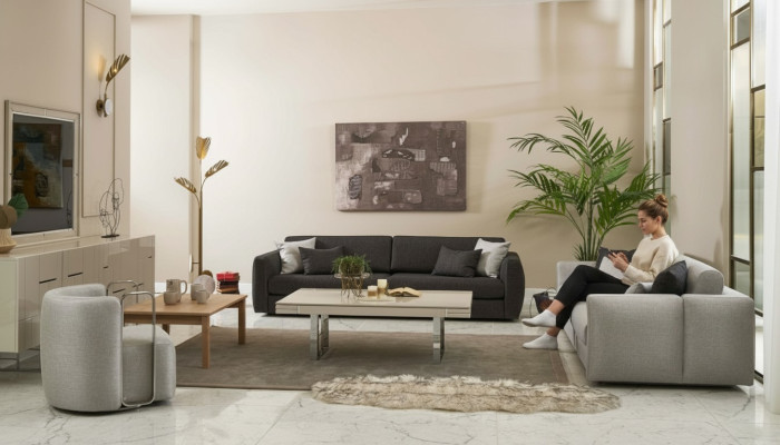 Zestaw kanapowy kompletna sofa materiałowa sofa tapicerowana szara komplet 3 sztuki nowa