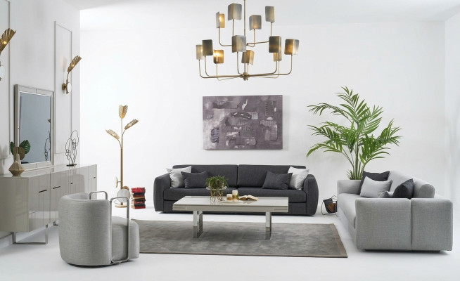 Zestaw kanapowy kompletna sofa materiałowa sofa tapicerowana szara komplet 3 sztuki nowa