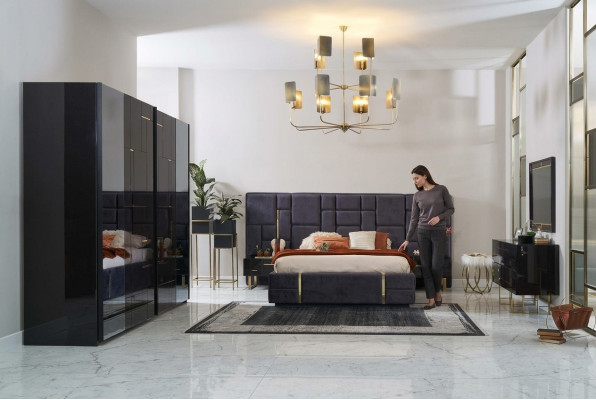Luksusowa rama łóżka Podwójne łóżko Sypialnia Drewno zestaw 6 sztuk Czarny design