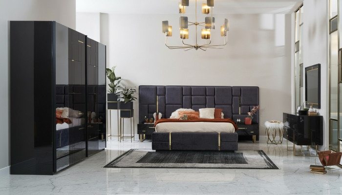Luksusowa rama łóżka Podwójne łóżko Sypialnia Drewno zestaw 6 sztuk Czarny design
