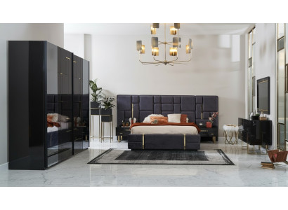 Luksusowa rama łóżka Podwójne łóżko Sypialnia Drewno zestaw 6 sztuk Czarny design