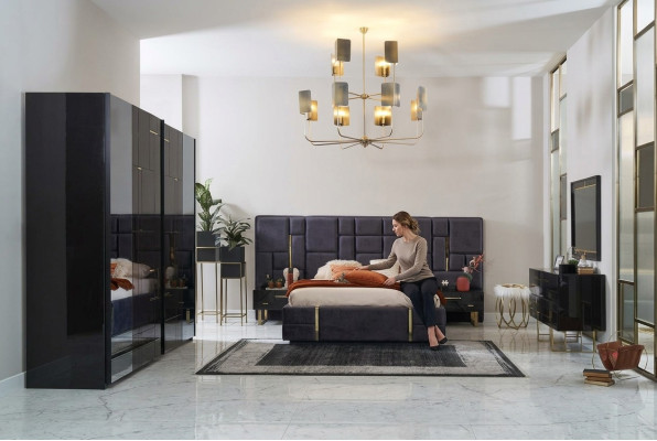 Design Podwójne łóżko Rama Luksusowa Sypialnia Drewno Zestaw 6szt Czarny
