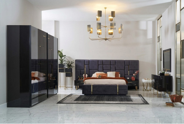 Design Podwójne łóżko Rama Luksusowa Sypialnia Drewno Zestaw 6szt Czarny