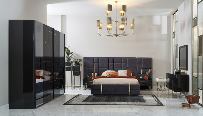 Design Podwójne łóżko Rama Luksusowa Sypialnia Drewno Zestaw 6szt Czarny