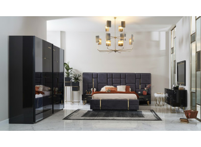 Design Podwójne łóżko Rama Luksusowa Sypialnia Drewno Zestaw 6szt Czarny