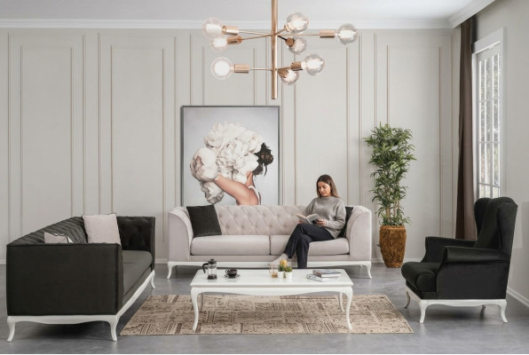 Chesterfield Kompletna Sofa Tkaninowa Sofy Tapicerowane Zestaw 4szt Czarny