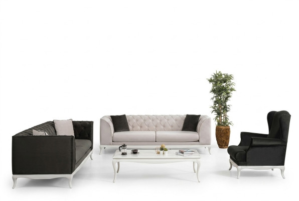 Chesterfield Kompletna Sofa Tkaninowa Sofy Tapicerowane Zestaw 4szt Czarny