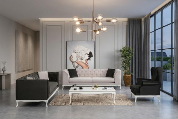 Kompletny zestaw sof tapicerowanych Chesterfield 3-częściowa sofa materiałowa Czarny