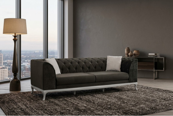 Pokój dzienny Trzyosobowa kanapa Chesterfield Sofa 3 miejsce do siedzenia Czarny materiał Sofa materiałowa