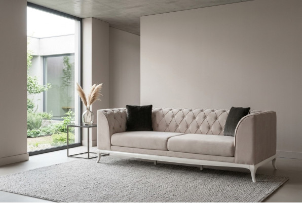 Sofa materiałowa do salonu Trzyosobowa kanapa Chesterfield Sofa 3 miejsce do siedzenia Beżowy materiał