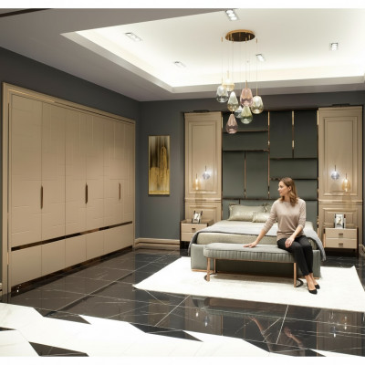 Design Grupa Sypialnia Podwójne łóżko Łóżko Szafki nocne Zestaw 6szt Beżowy