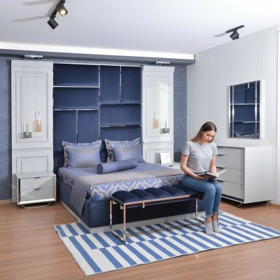 Design Grupa Sypialnia Podwójne łóżko Łóżko Szafki nocne Zestaw 7szt Niebieski