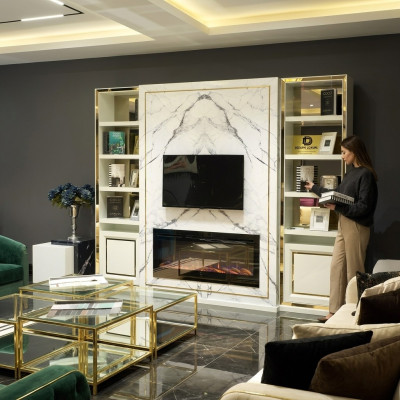 Jednostka ścienna RTV Szafka pod TV Biały Luxury Gold Vittinen Drewno Modern