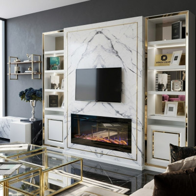 Jednostka ścienna RTV Szafka pod TV Biały Luxury Gold Vittinen Drewno Modern