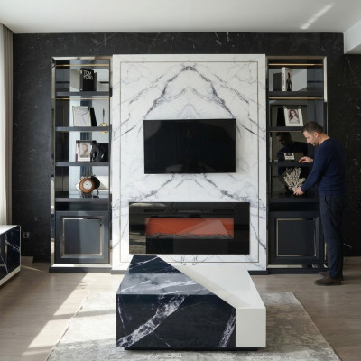 Luksusowa jednostka ścienna RTV Szafka pod TV szara srebrna Vittine Drewno Modern